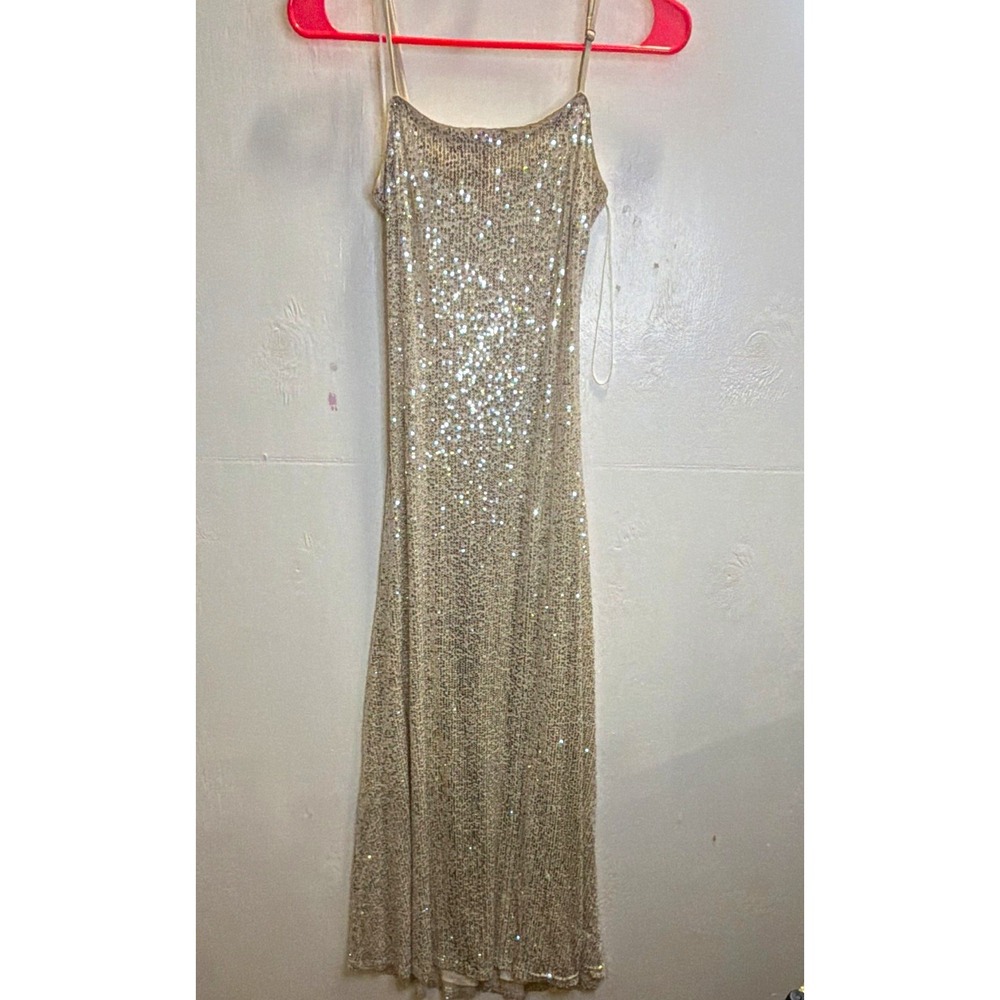 LOST + WANDER Sz S Sequin Maxi Dress Beige/Silver Open Back Strappy